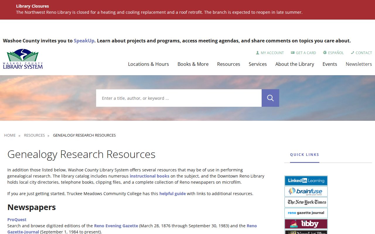 Sparks city directory resources on the Washoe County Library genealogy page